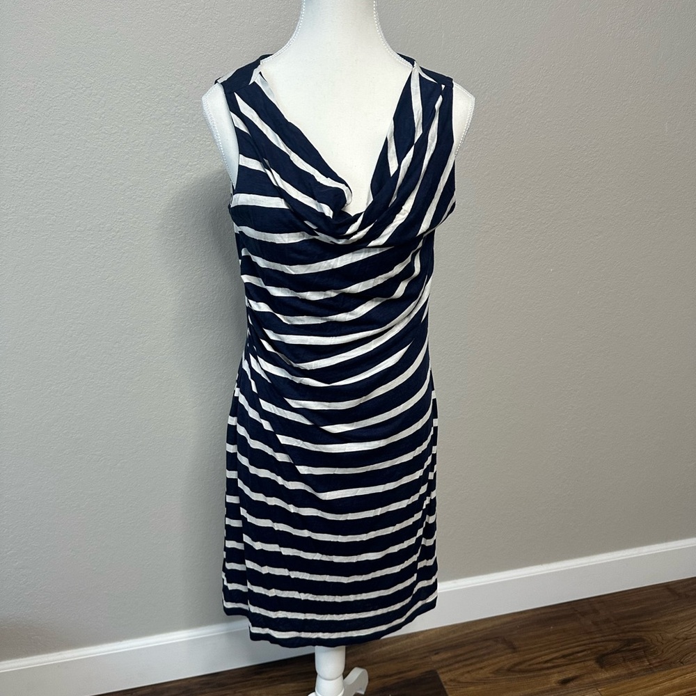 LOFT Blue and White Sheath Dress with Cowl Neck